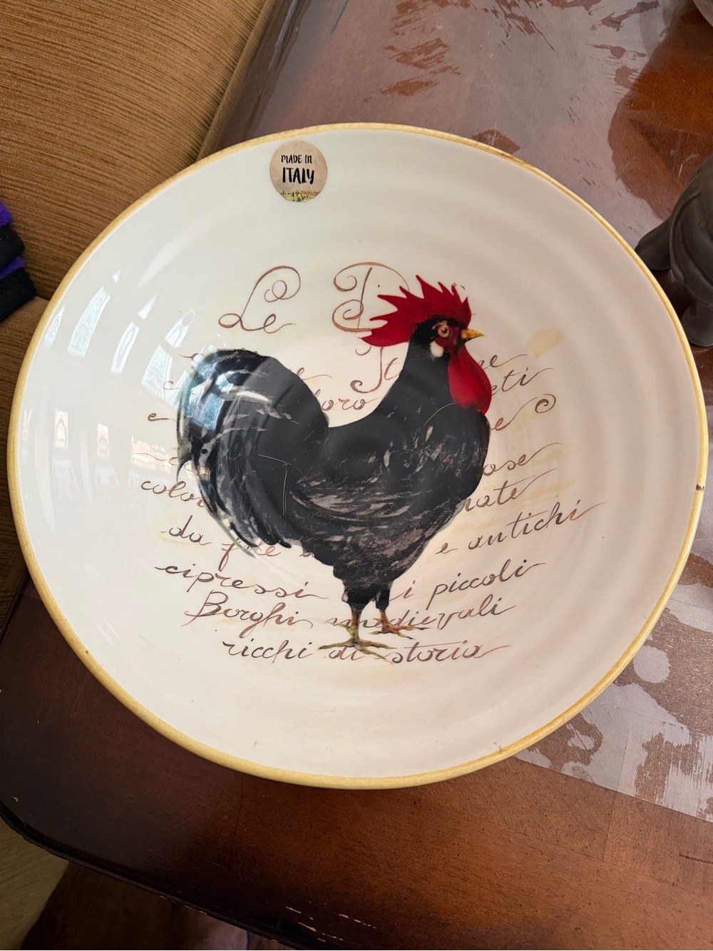 Italy Made Ceramic Rooster Serving Bowl - White with Black & Red